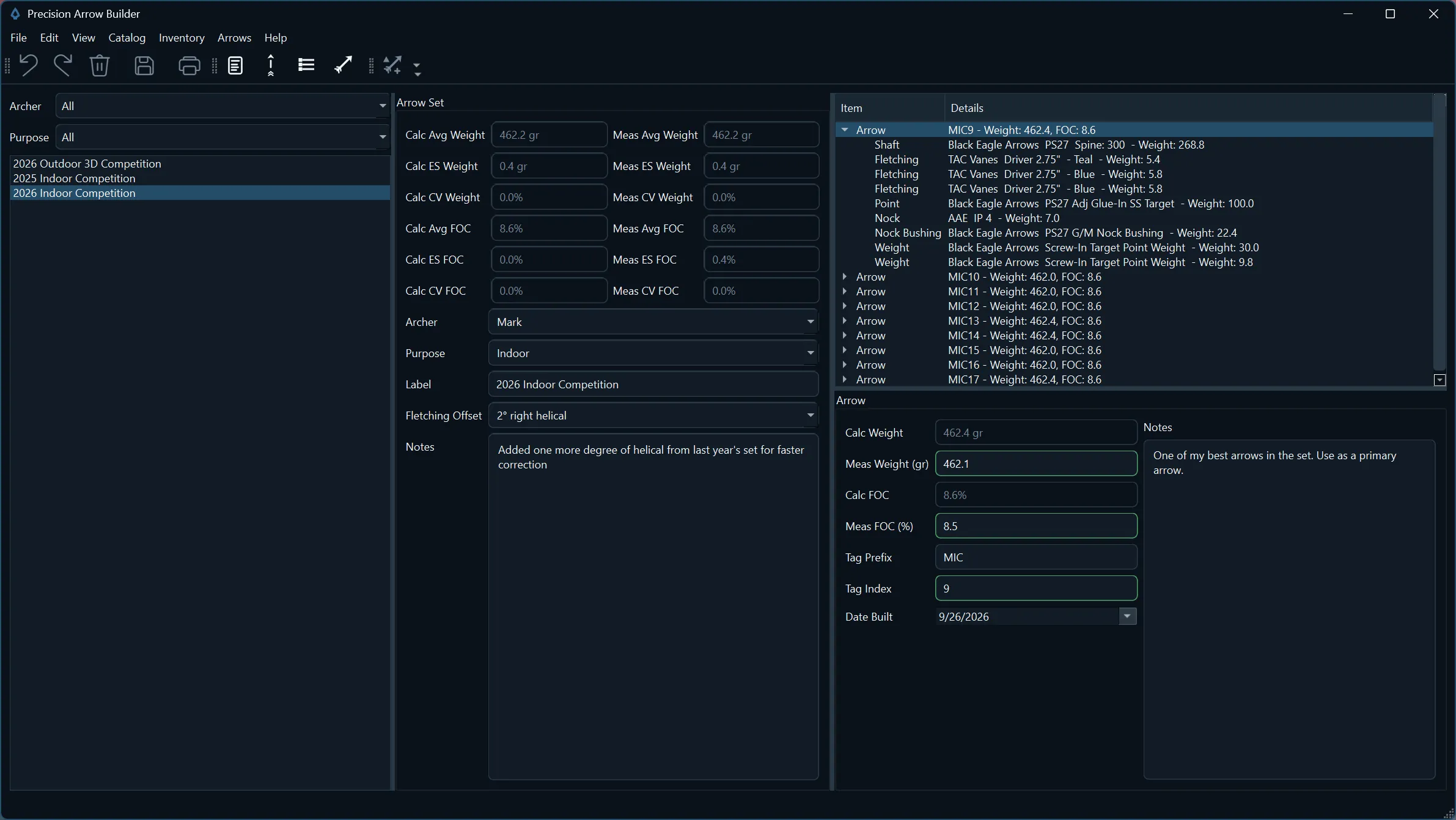 Arrow Inventory screen showing a saved indoor competition set with calculated and measured figures, set notes, and an individual arrow's record.