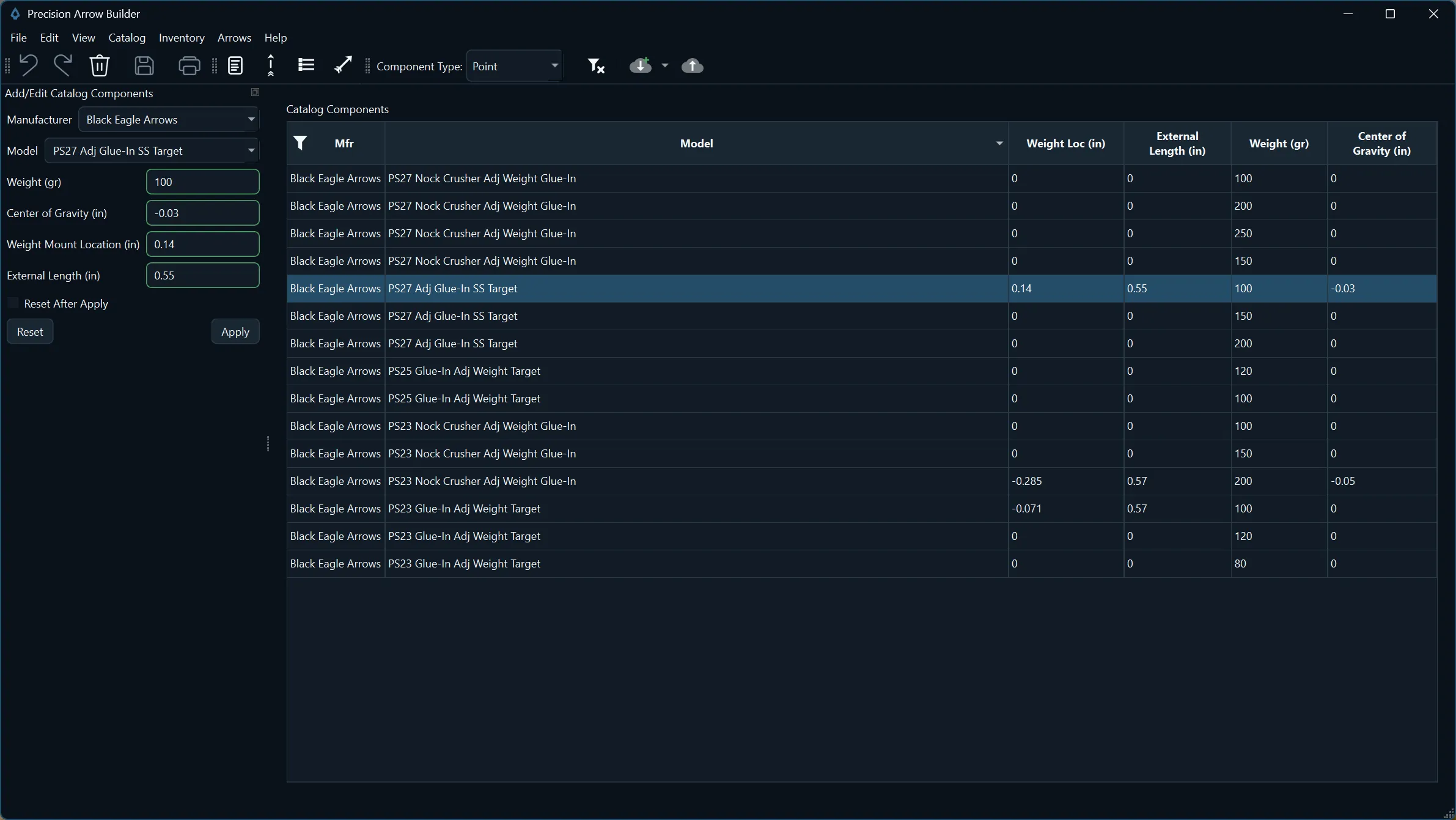 Component catalog listing point and weight models with weight, external length, and center of gravity values.
