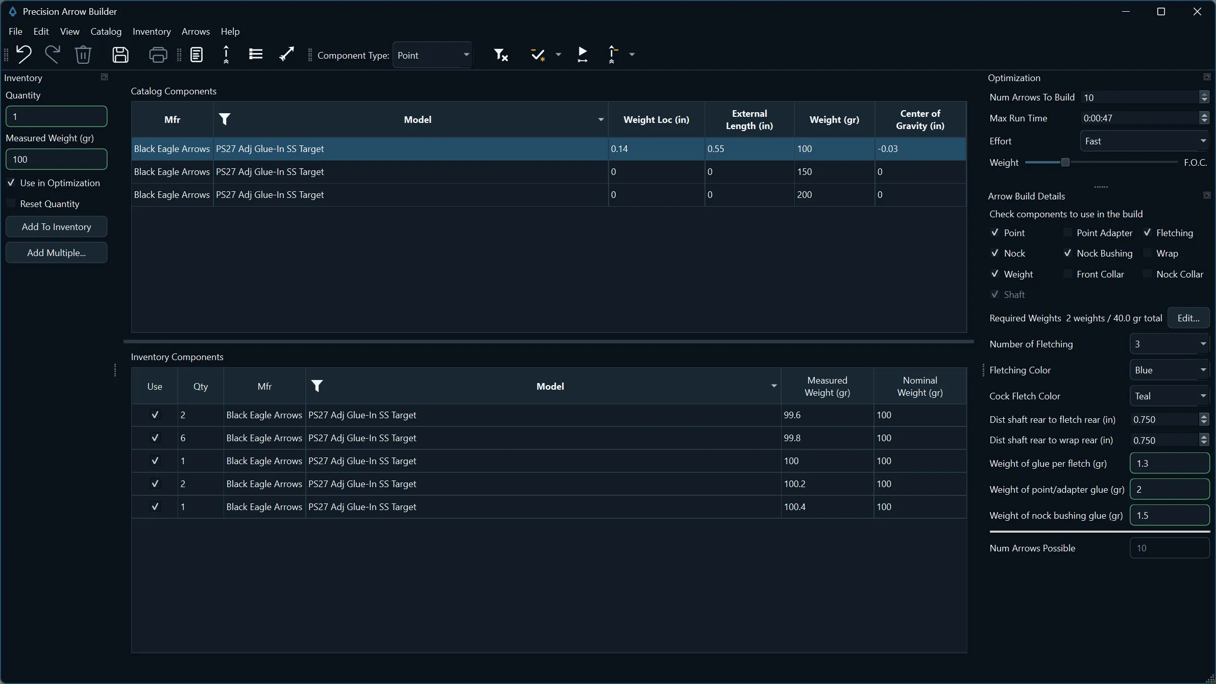Inventory screen listing points by quantity with each measured weight shown beside the catalog's nominal weight.