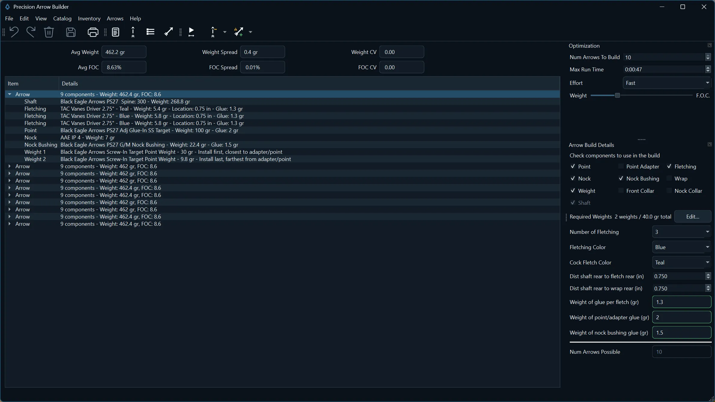 Precision Arrow Builder on Windows showing a proposed 10-arrow set with its average weight, weight and FOC spread, and the components assigned to each arrow.